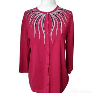 Bob Mackie Wearable Art Sequin Embellished 3/4 Sleeve Cardigan Sweater Small